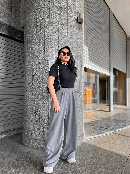 Black Mock Neck and Gray Trousers