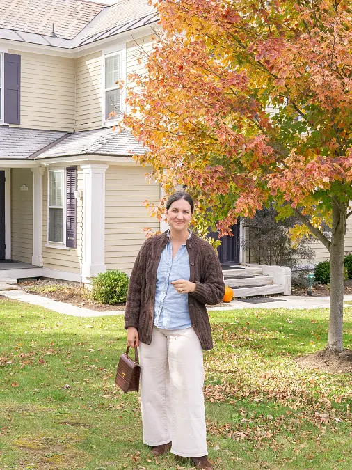 Chocolate Cardigan + Chambray Shirt + Cream Pants