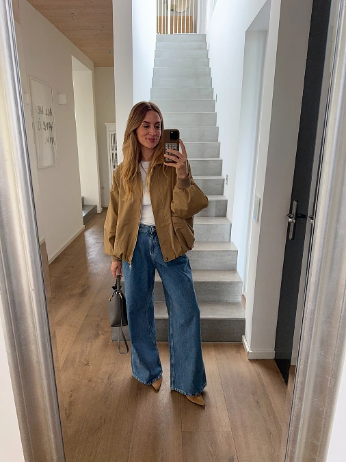 Camel Bomber Jacket and Wide-Leg Jeans