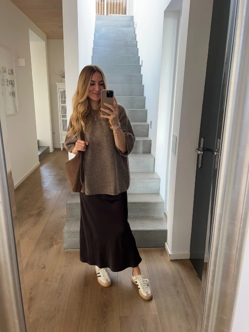 Slouchy Knit + Satin Midi Skirt + Sneakers