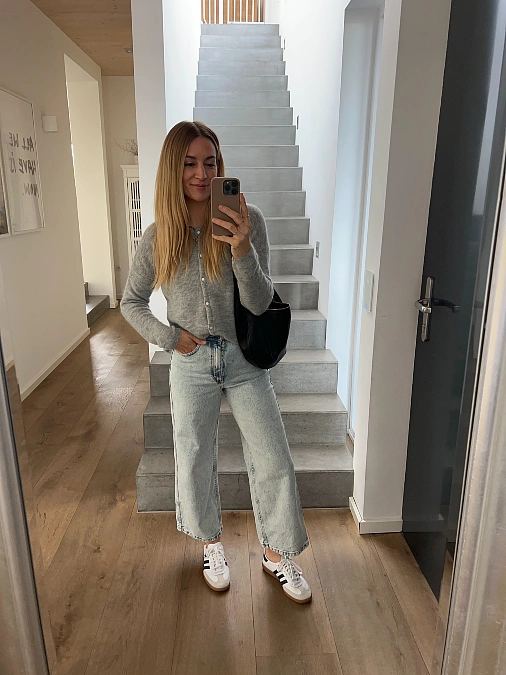 Soft Gray Cardigan and Light-Wash Jeans