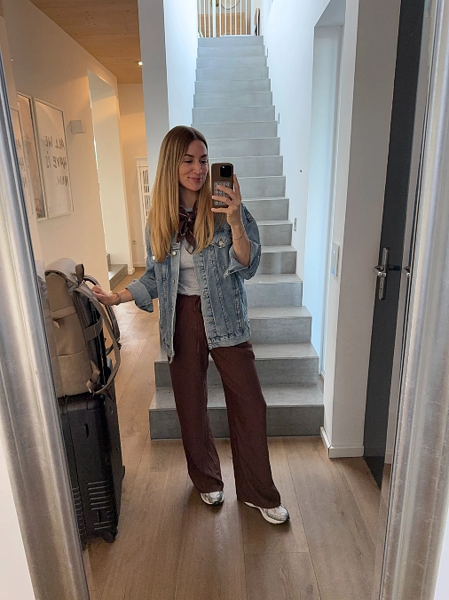 Denim Jacket and Chocolate Trousers
