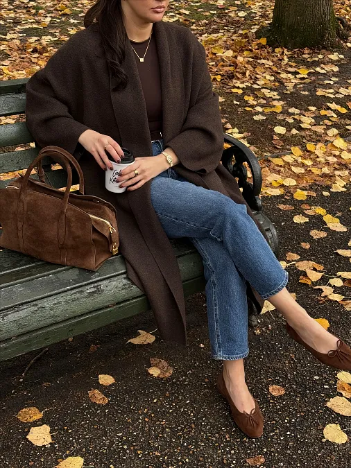 Chocolate Coat and Straight-Leg Jeans