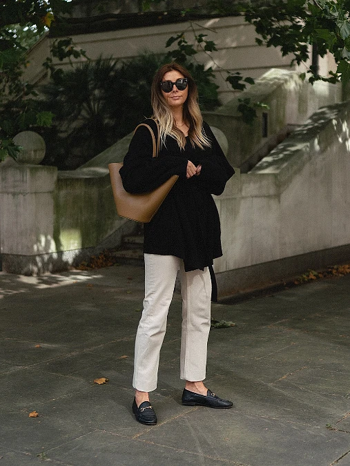 Black Wrap Knit + Cream Pants + Loafers