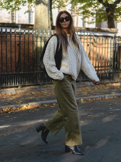 Cable-Knit Sweater and Olive Trousers