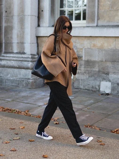 Camel Cape and Black Trousers
