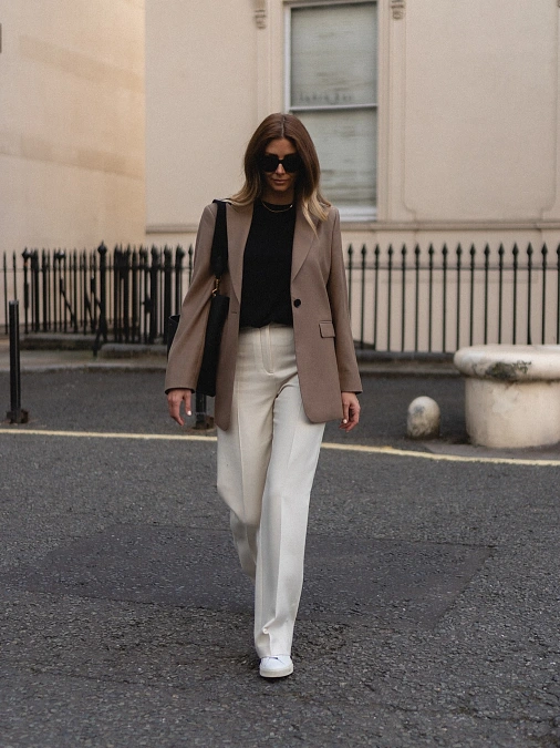 Taupe Blazer + Black Knit + Cream Trousers