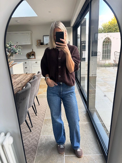 Chocolate Cardigan and Straight-Leg Jeans