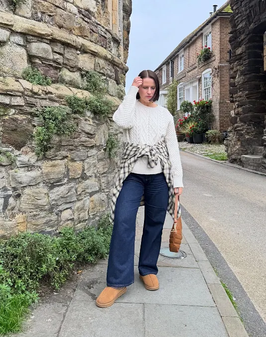 Cable-Knit Sweater and Dark Wide-Leg Jeans