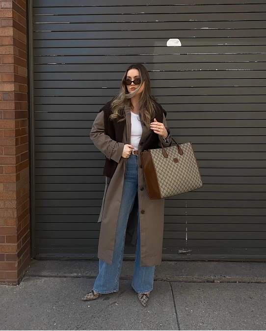 Long Trench Coat and Wide-Leg Jeans