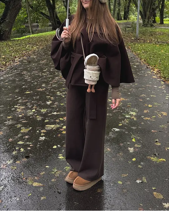 Chocolate Cape + Wide-Leg Trousers