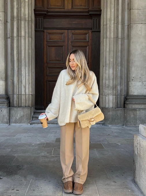 Cream Sweater and Long Beige Trousers
