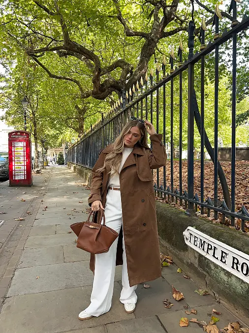 Brown Trench and White Trousers