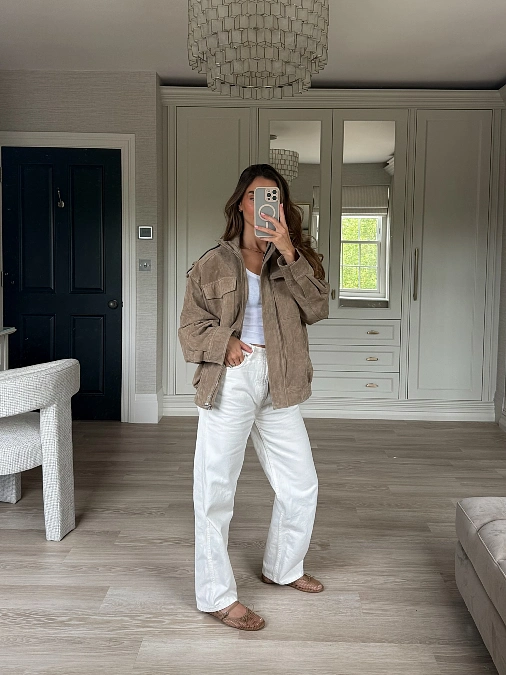 Suede Jacket and White Wide-Leg Jeans