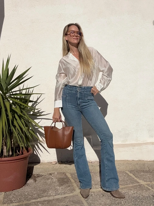 Satin Shirt and Flared Jeans