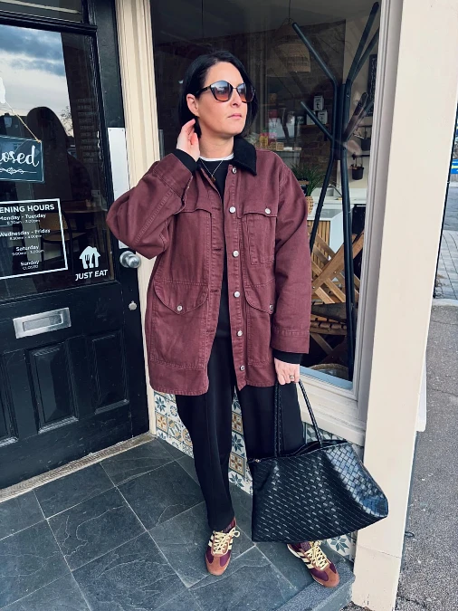 Burgundy Utility Jacket and Black Trousers