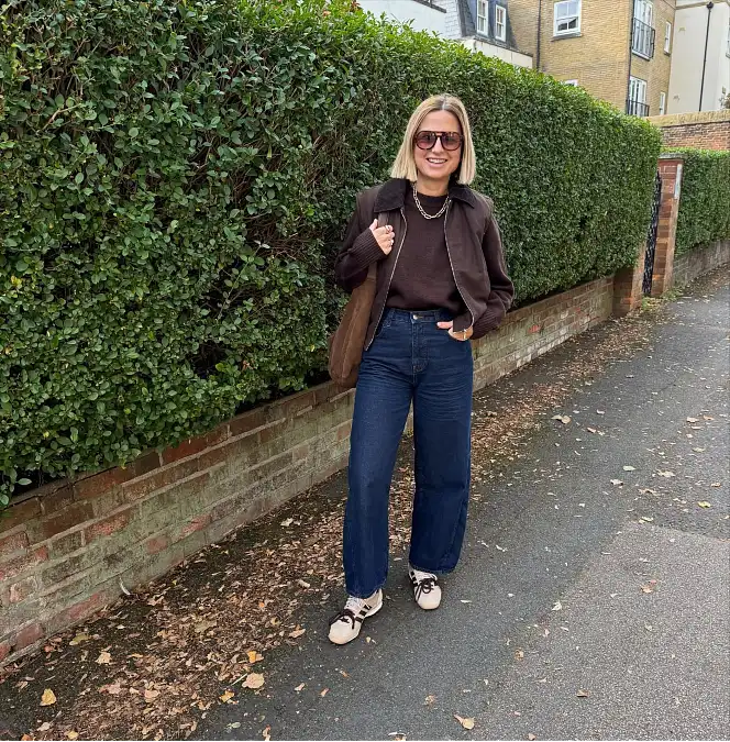 Chocolate Layers and Dark Wide-Leg Jeans