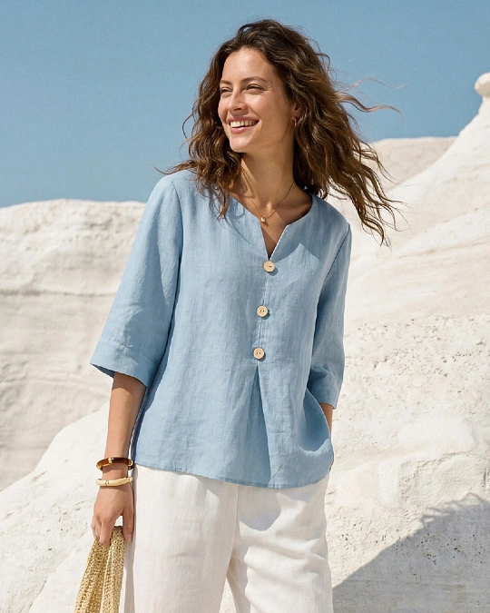 Blue Linen Tunic And White Trousers