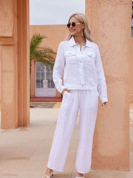 White Linen Jacket and Wide Leg Pants Set