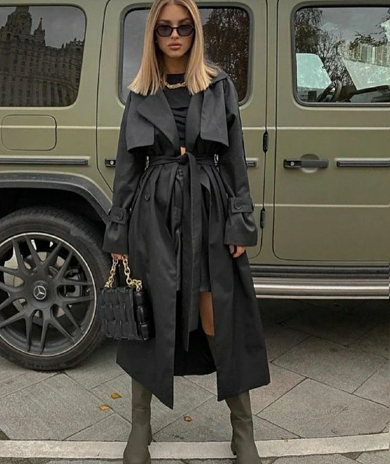 Black Satin Belted Trench Coat