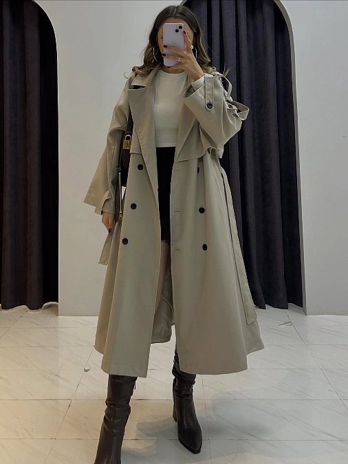 Stone Double Breasted Trench Coat