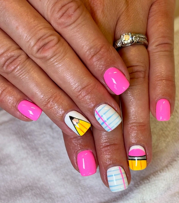 Pink Pencil and Notebook Nails