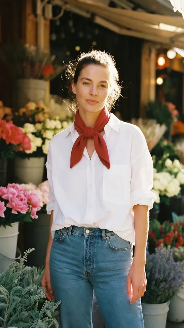 white-shirt-denim-silk-scarf