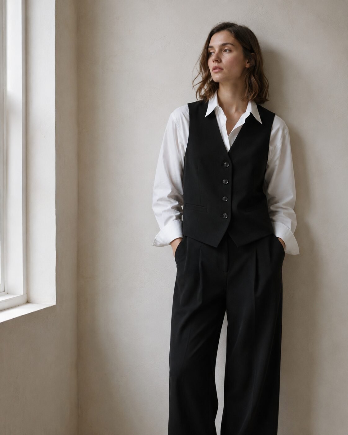 affordable quiet luxury fall outfit: camel wool blazer layered over a white shirt with tailored trousers