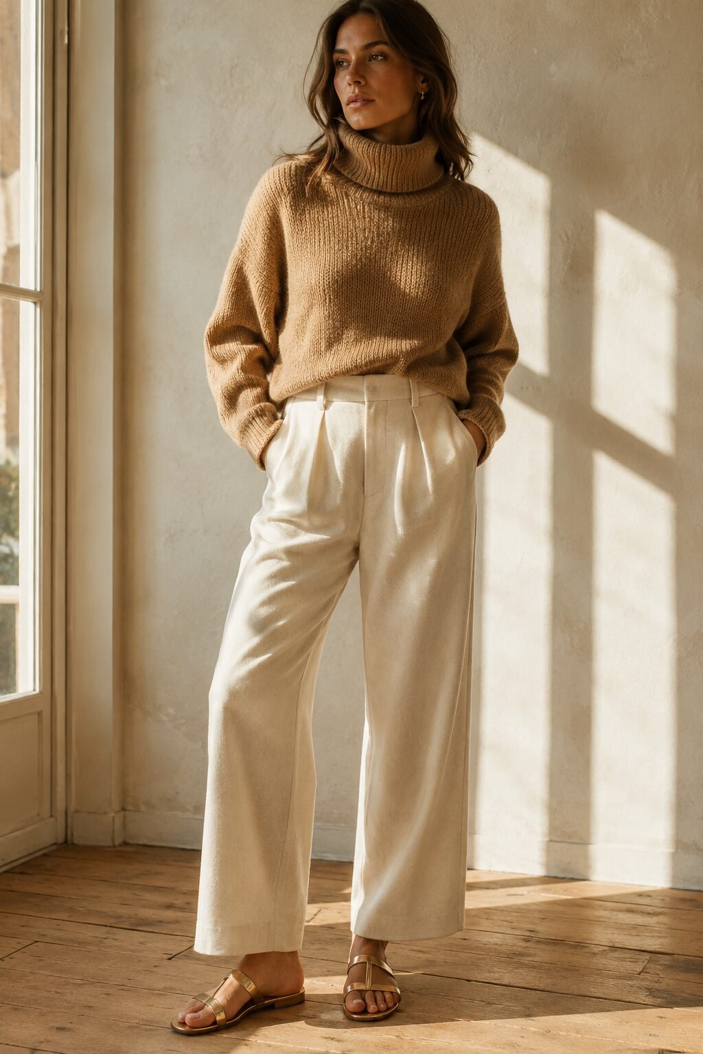 camel alpaca turtleneck sweater and gold strap sandal, a warm christmas color trends 2026 holiday outfit