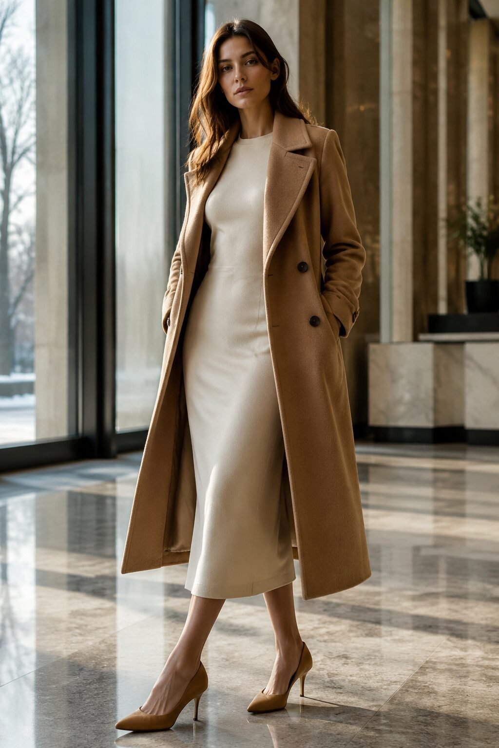 camel double-breasted wool coat worn open over a cream fitted midi dress, an elevated christmas outfit idea ready for a lapel brooch