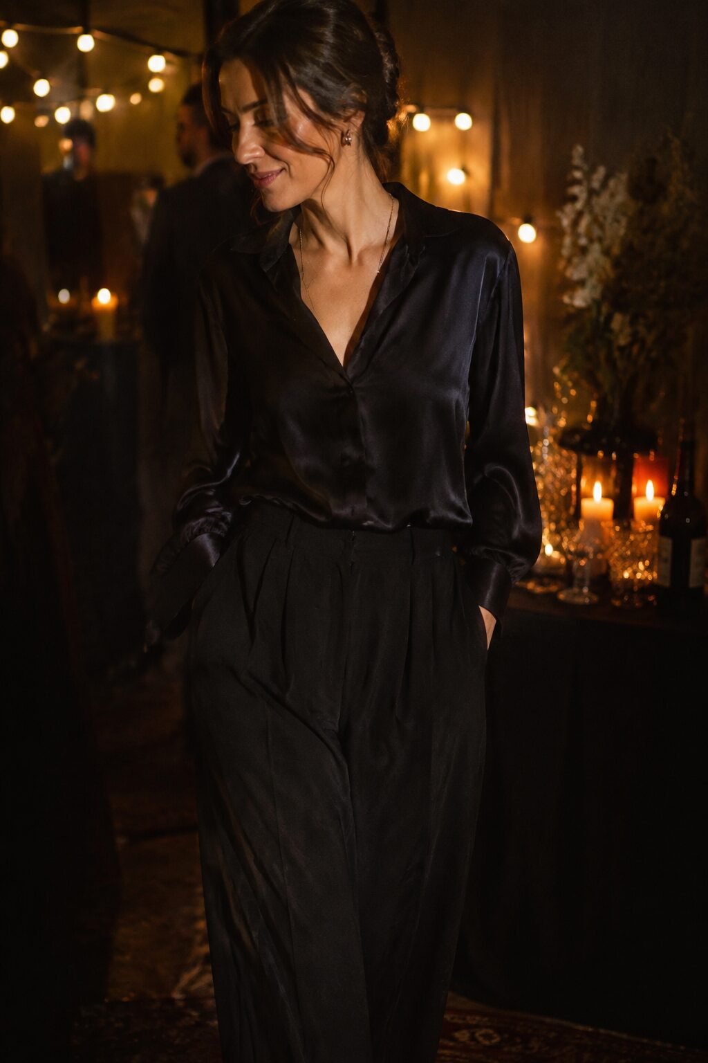 vamp romantic christmas outfit: black silk top and wide-leg trouser for an office holiday party
