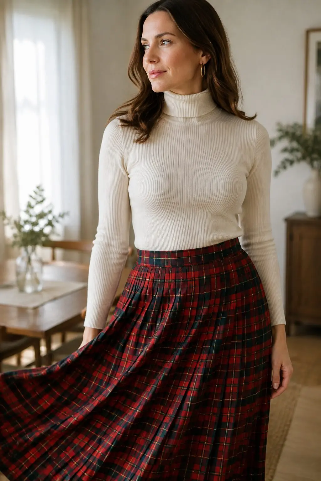 elegant christmas lunch outfit: ivory turtleneck tucked into red tartan pleated skirt