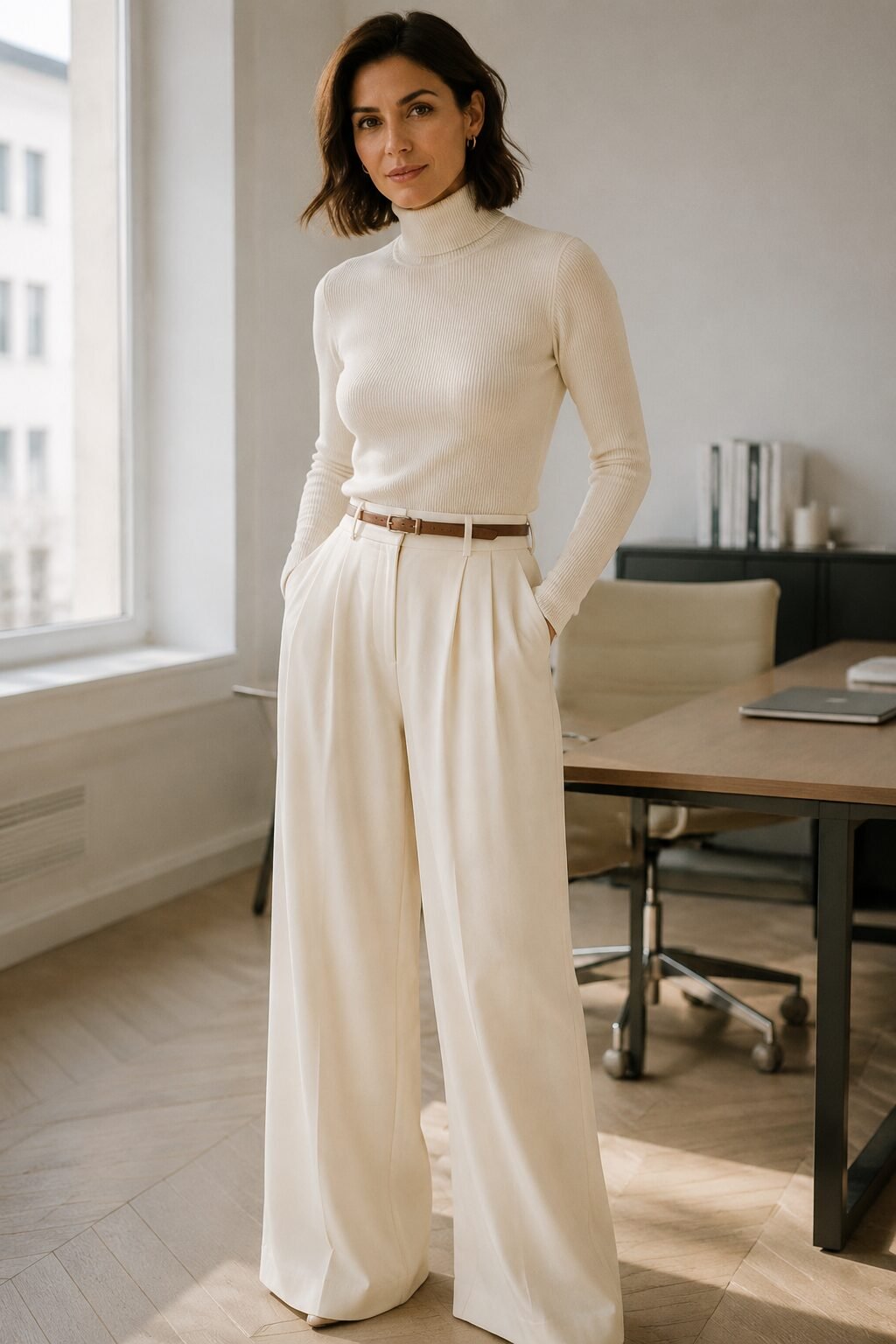 carolyn bessette kennedy outfit inspiration: ivory fitted turtleneck and wide-leg trousers in monochrome cream