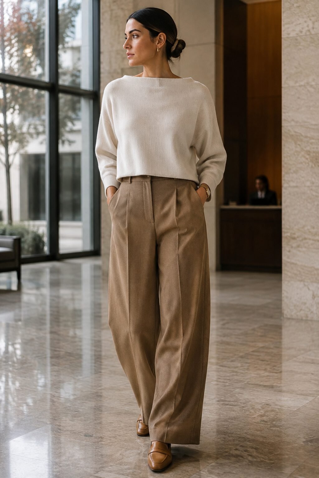 90s fashion look inspired by Carolyn Bessette Kennedy: cream boatneck sweater with camel wide-leg trousers for fall office style