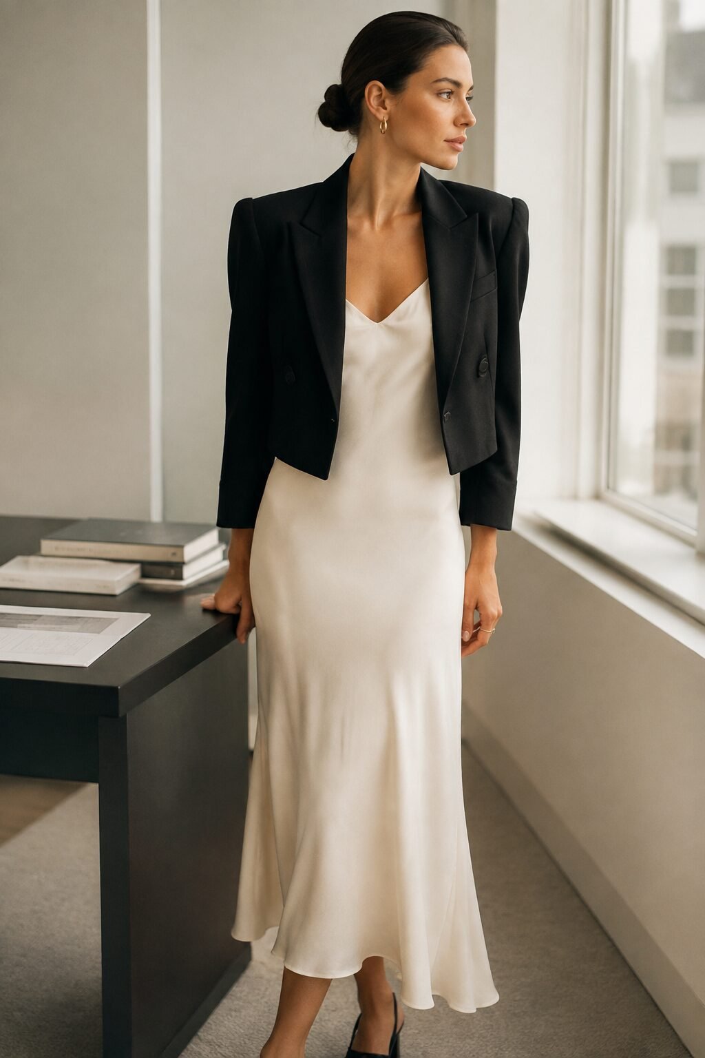 carolyn bessette style slip dress outfit: ivory bias-cut slip dress layered under a black cropped tailored blazer
