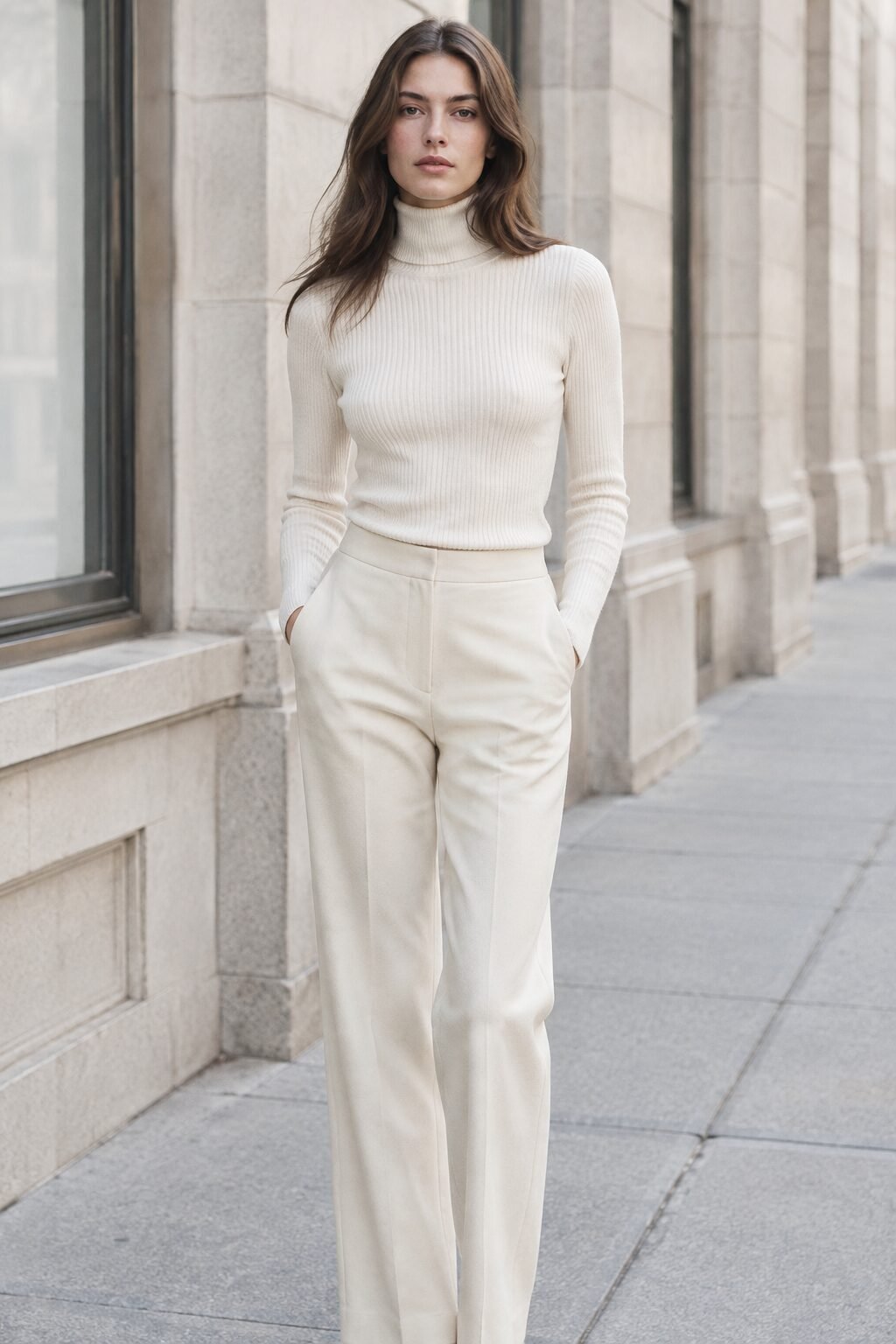 woman in a 90s minimalist outfit wearing a tonal ivory turtleneck tucked into cream straight-leg trousers