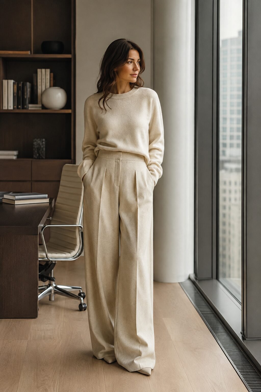 carolyn bessette kennedy inspired ivory cashmere crewneck and wide-leg trouser office outfit