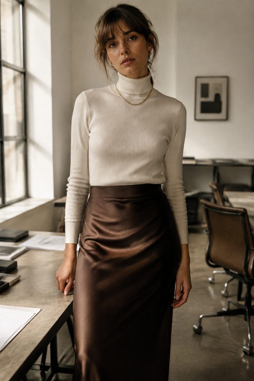 affordable carolyn bessette kennedy style outfit: ivory turtleneck tucked into a chocolate brown slip skirt