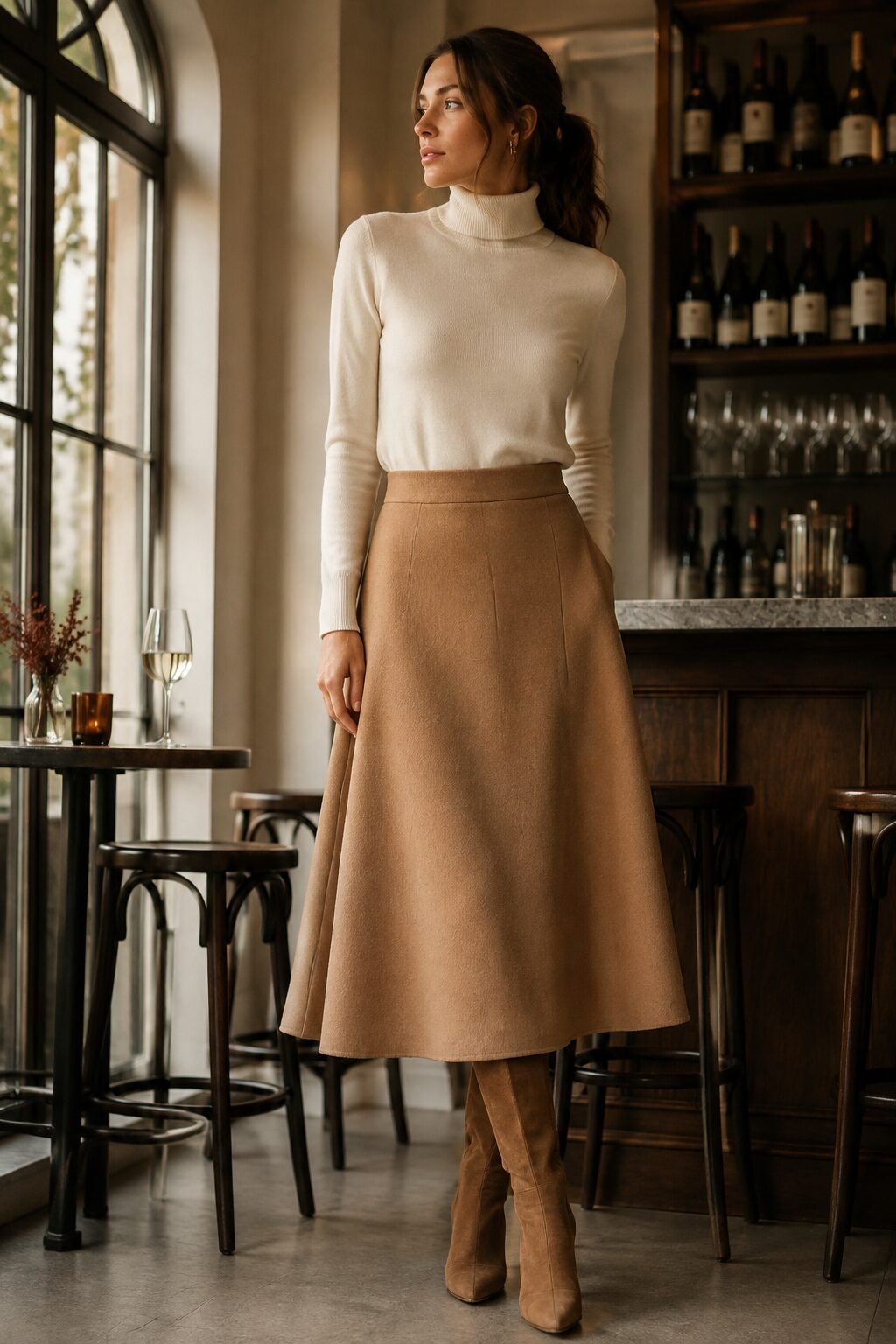 fall capsule outfit formula: fitted turtleneck tucked into a camel midi skirt with knee-high boots