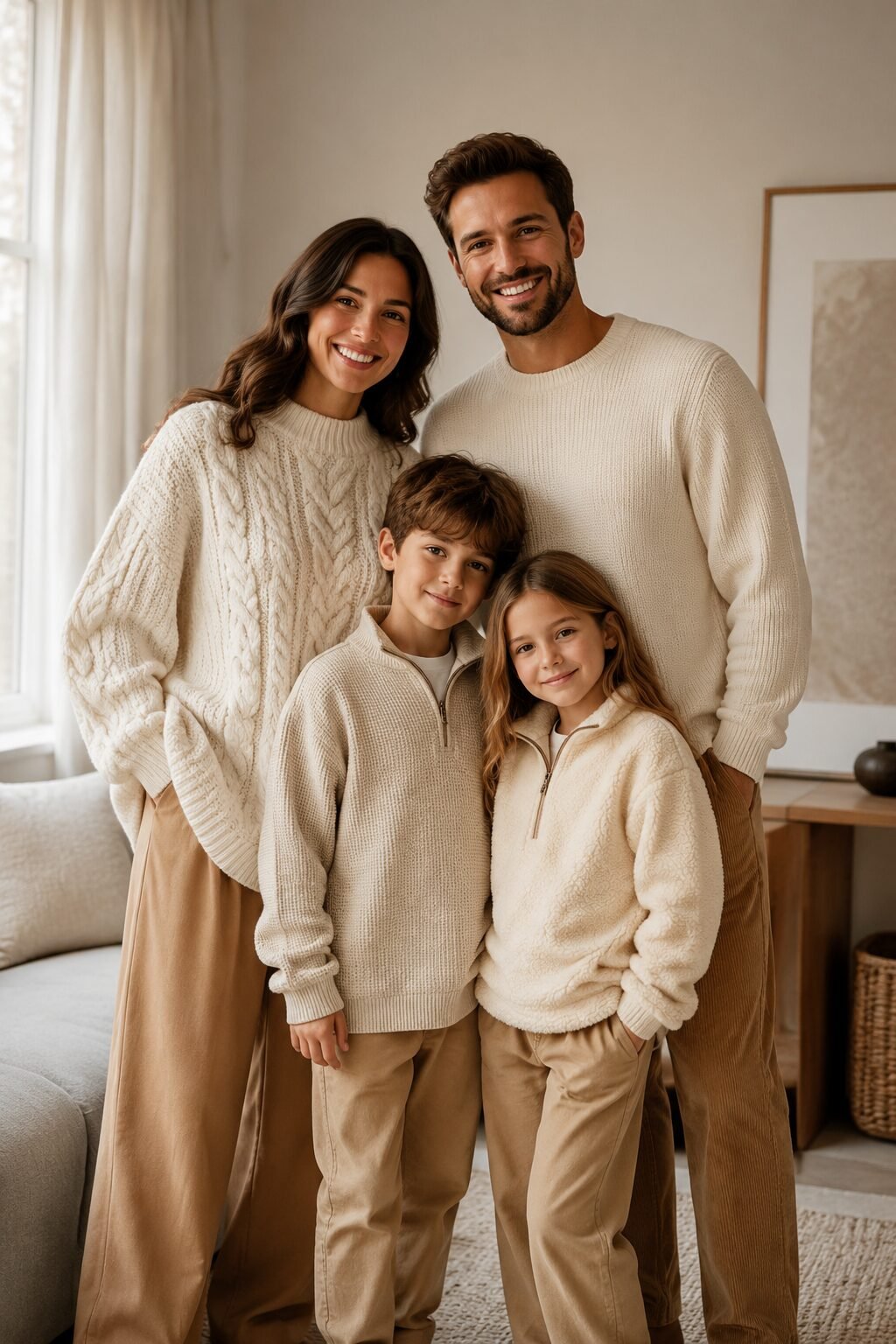family christmas outfits in tonal cream and camel: mother in an oversized cable-knit sweater and wide-leg trousers