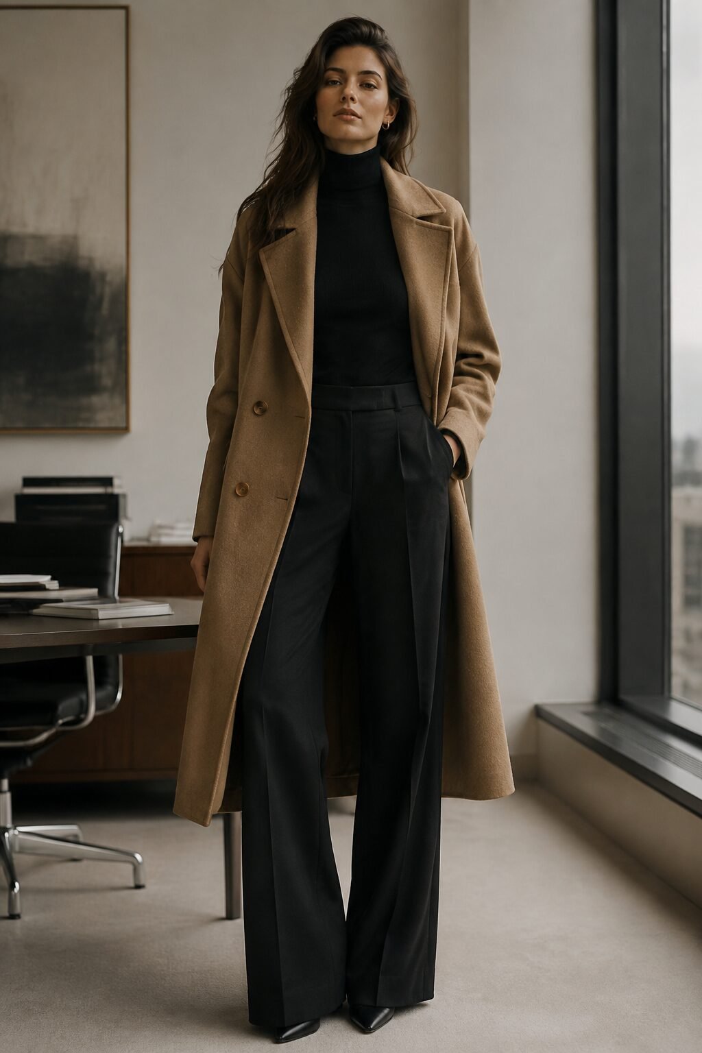 fall capsule wardrobe outfit: camel wool coat over black turtleneck and black wide-leg trousers