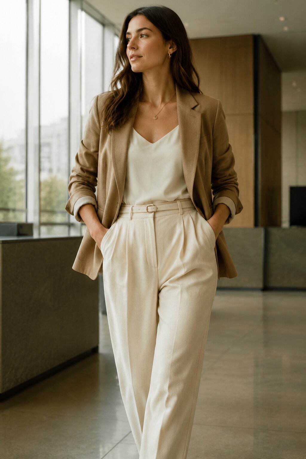 fall capsule wardrobe outfit idea: camel blazer, silk cami, and cream tailored trousers for a Monday office look