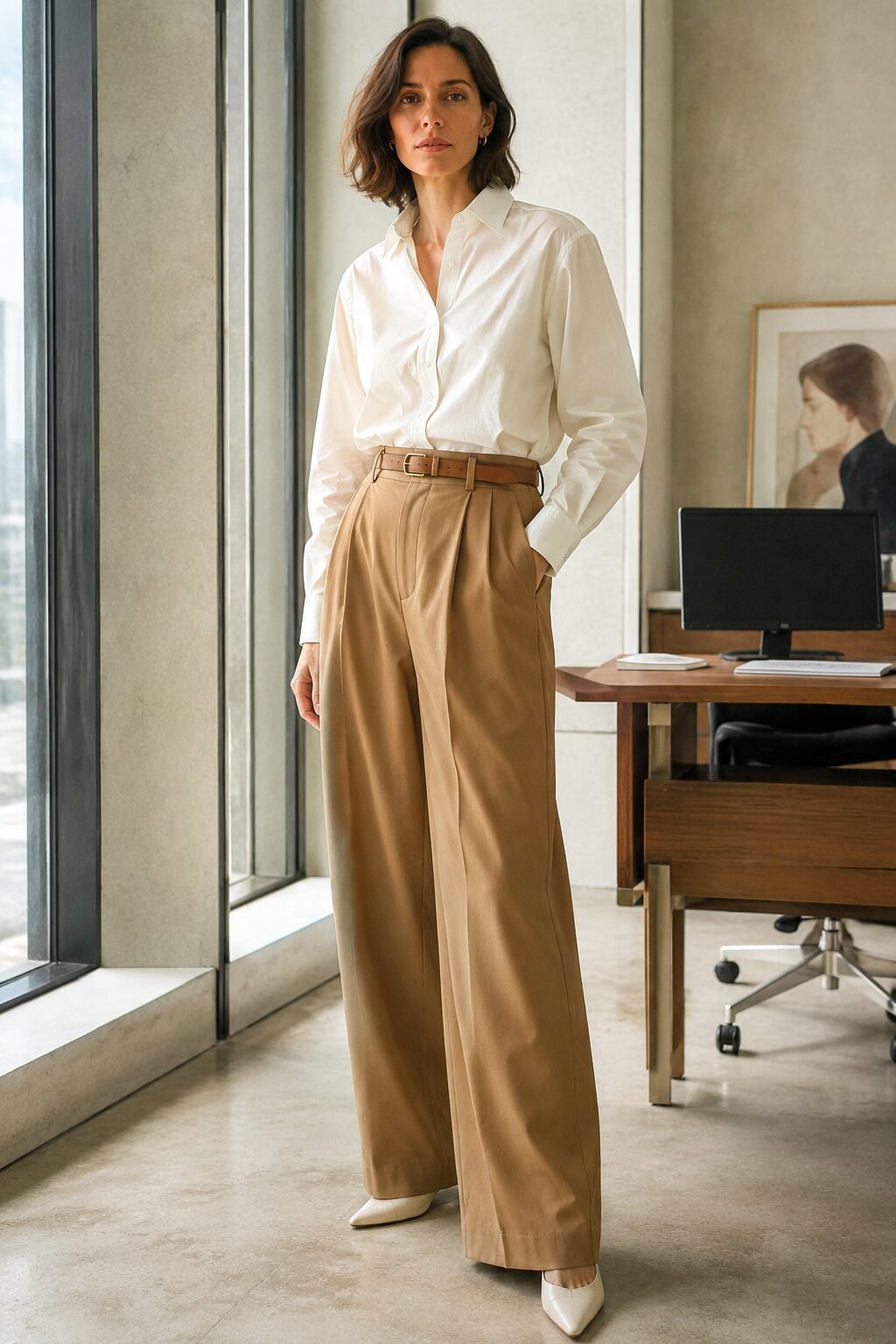 minimalist white shirt outfit: crisp poplin shirt tucked into camel wide-leg trousers for fall office style