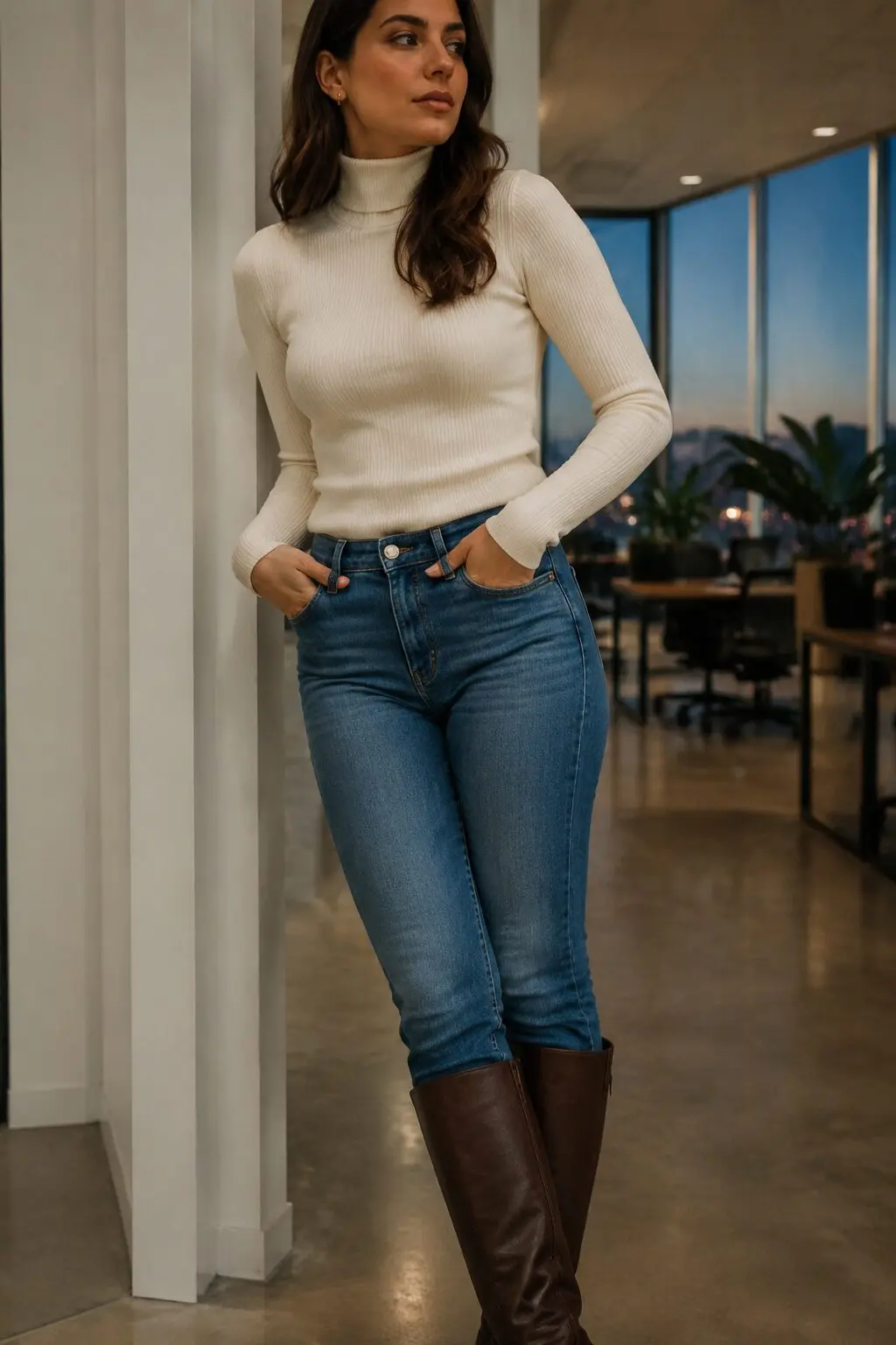 90s-inspired bootcut jeans outfit: cream ribbed turtleneck tucked into mid-wash denim with chocolate brown knee-high boots