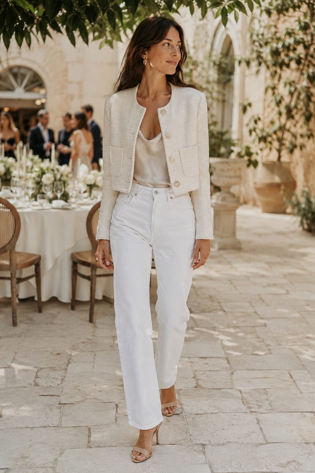Carolyn Bessette jeans and blazer outfit in ivory: cropped tweed blazer with white straight-leg jeans for a daytime wedding-guest look