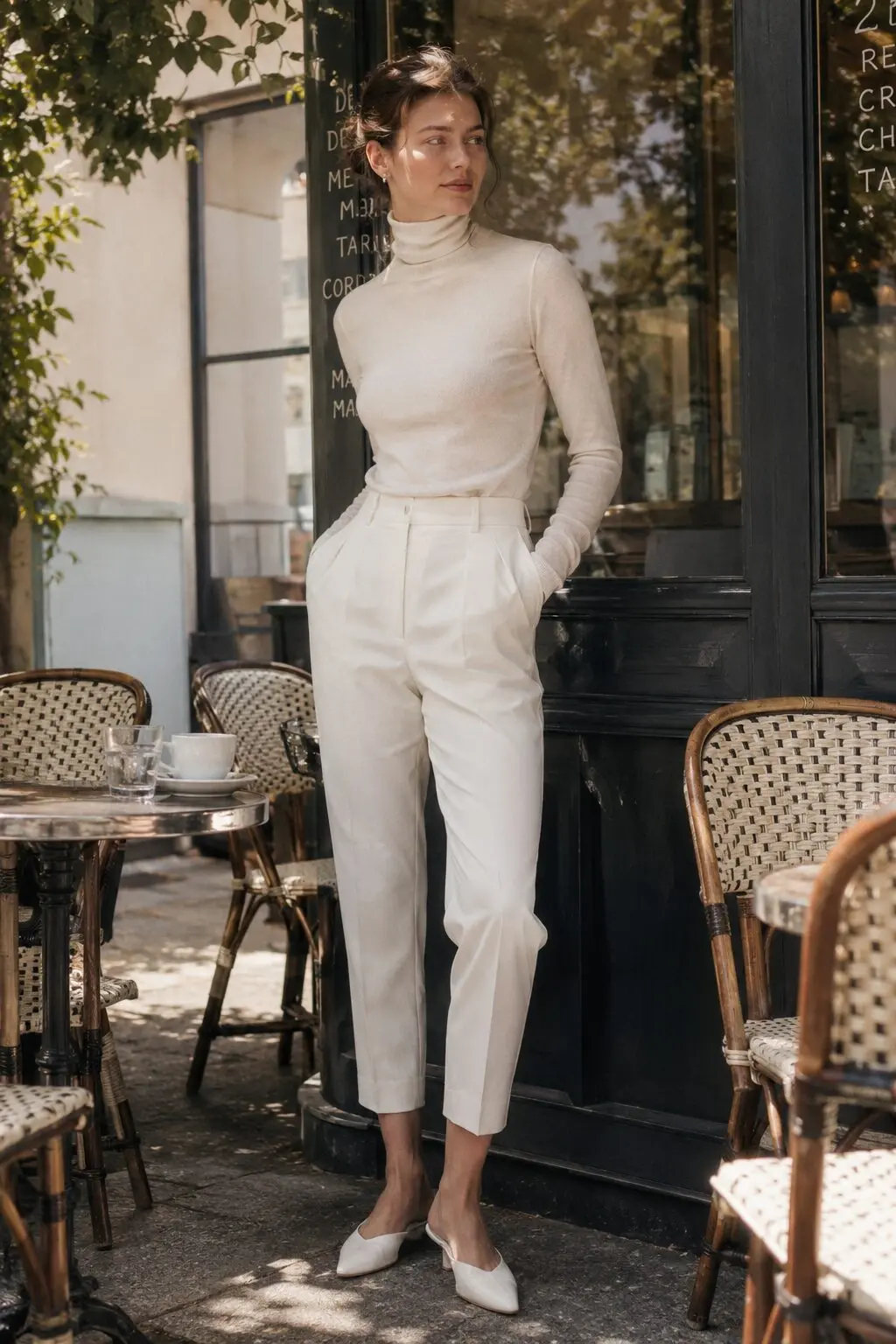 Carolyn Bessette-inspired cigarette pant outfit in tonal ivory and cream for weekend brunch