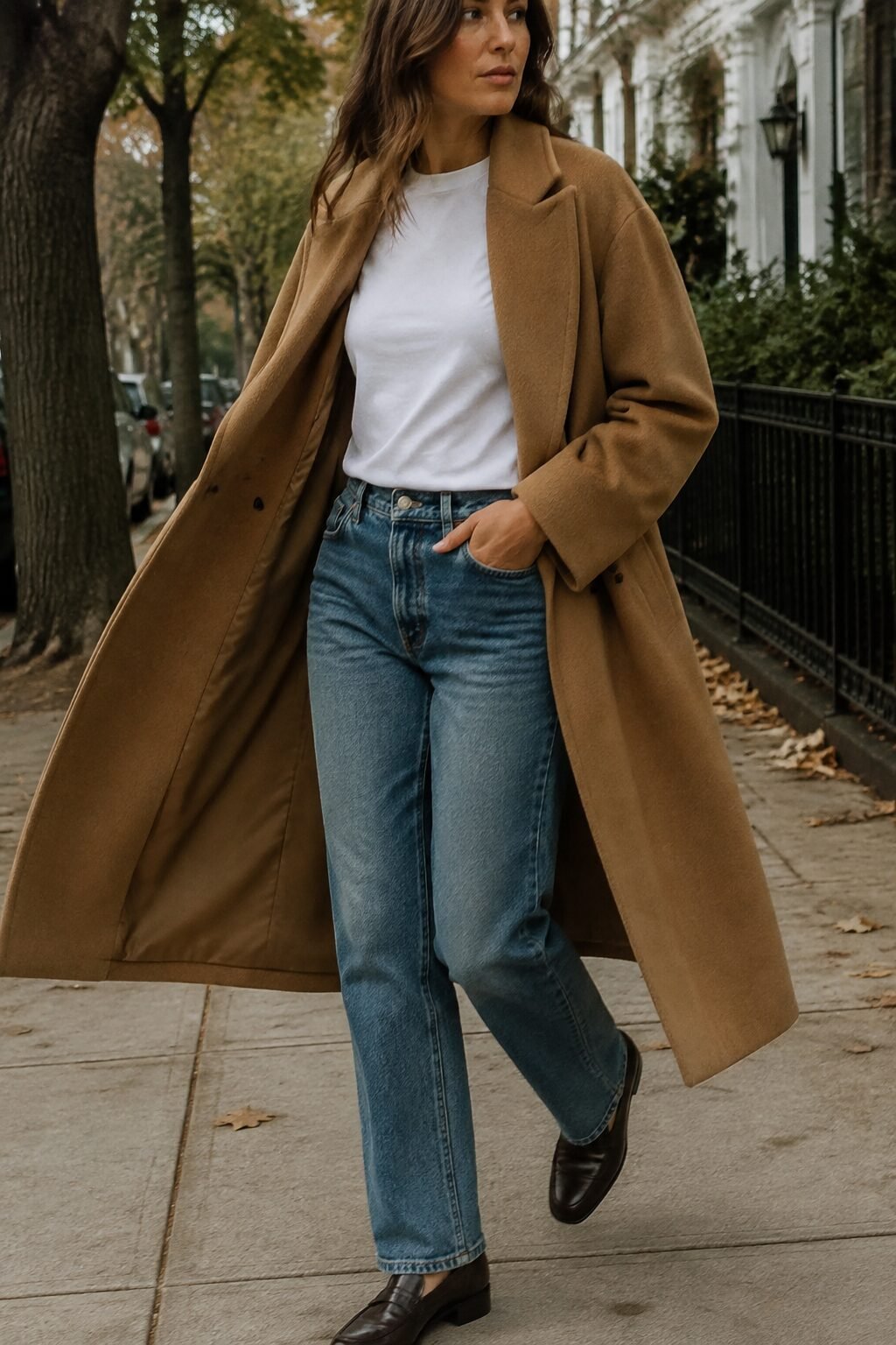 camel wool coat, white tee, and straight-leg jeans: a Carolyn Bessette-inspired weekend outfit