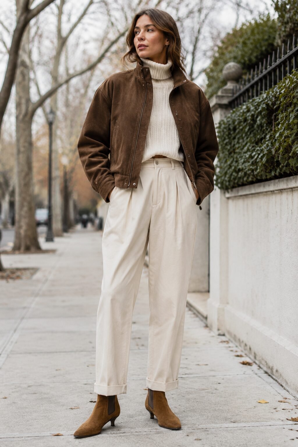 how to style a suede jacket: chocolate brown suede jacket over an ivory turtleneck sweater with tan suede boots