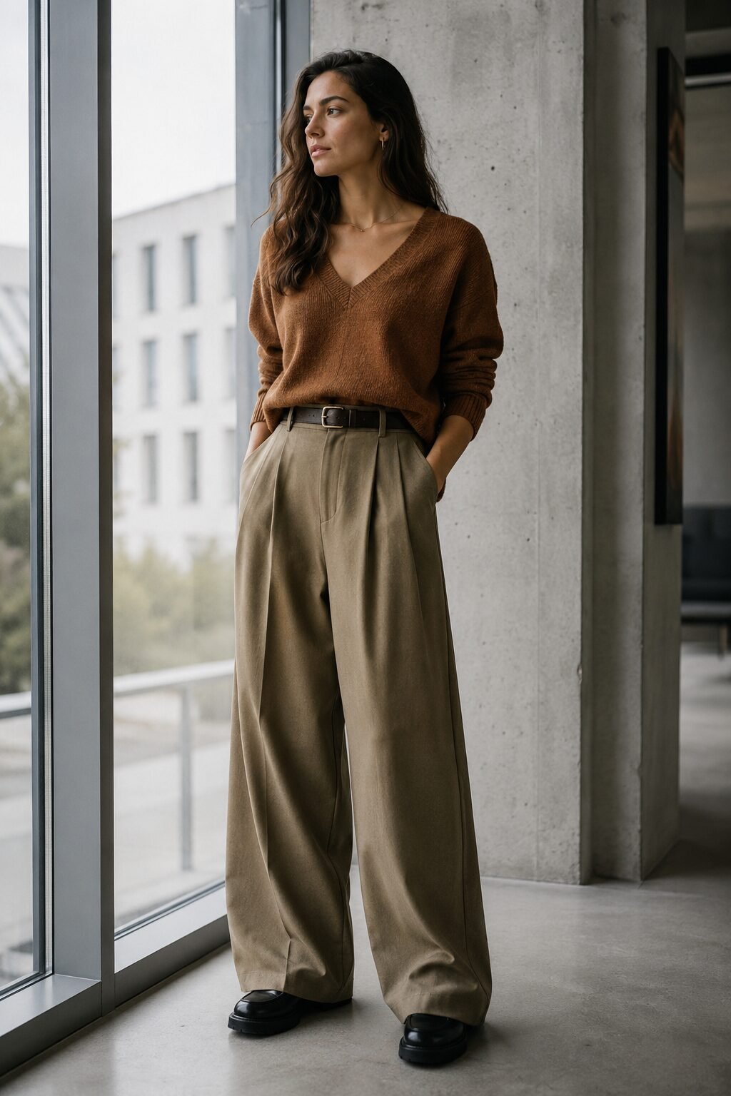 how to style a sweater with tailored trousers: olive v-neck sweater tucked into khaki wide-leg trousers with black loafers