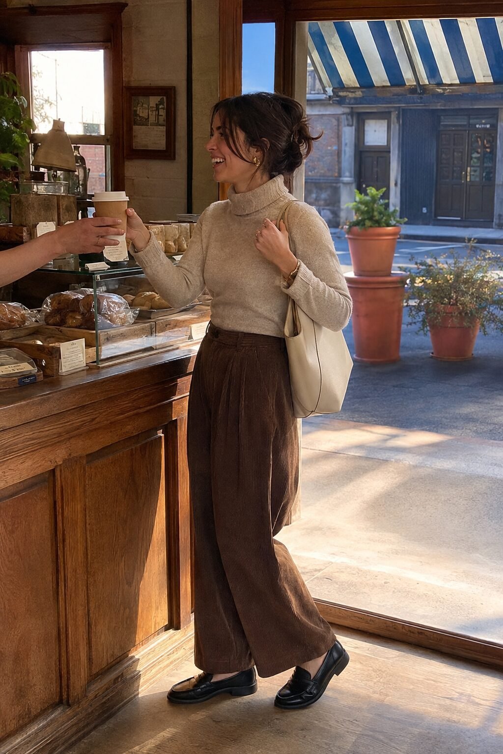 fall capsule wardrobe office outfit: oatmeal turtleneck tucked into brown corduroy wide-leg trousers with black loafers and an ivory tote
